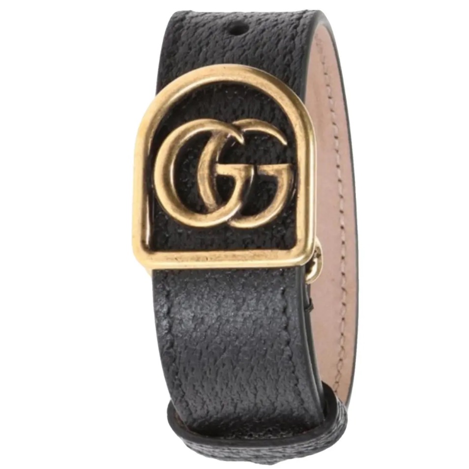 Authentic Gucci Leather Bracelet With Gg Buckle In Antique Gold